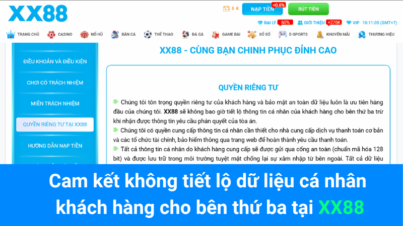 Cam kết không tiết lộ dữ liệu cá nhân khách hàng cho bên thứ ba tại XX88