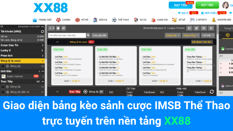 Giao diện bảng kèo sảnh cược IMSB Thể Thao trực tuyến trên nền tảng XX88